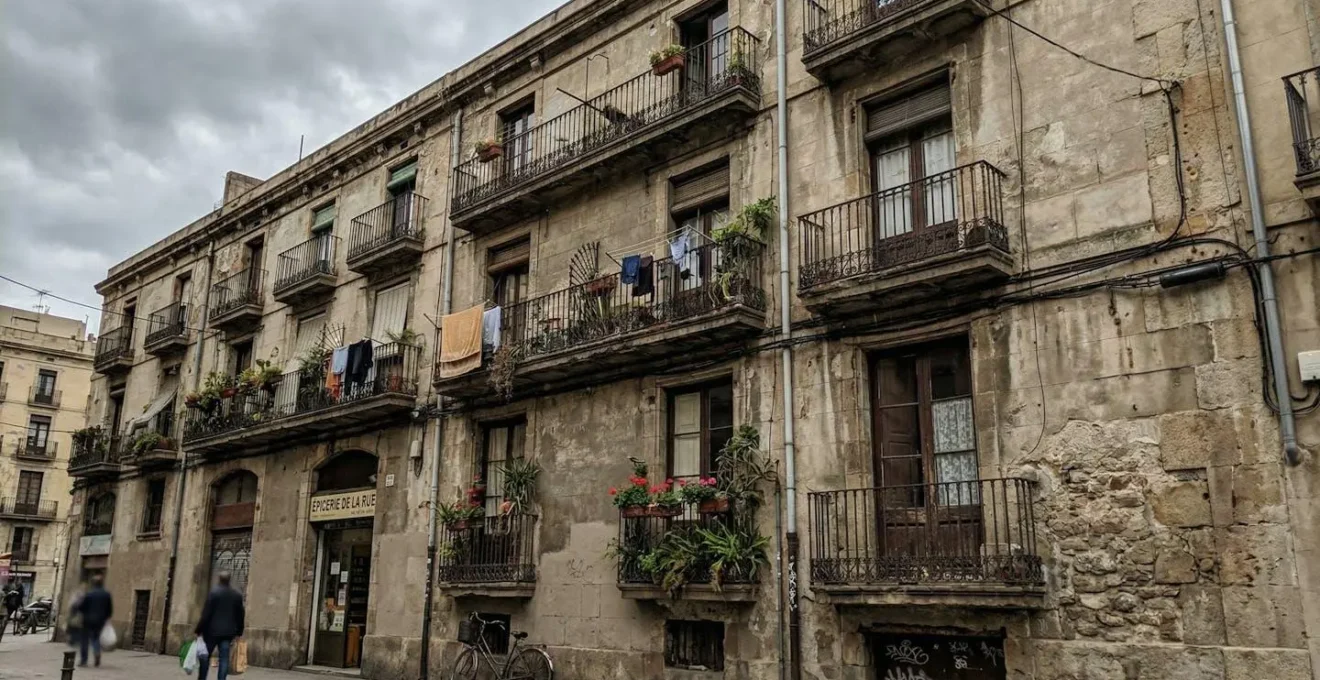 Façade d'un immeuble ancien avec balcons en fer forgé et traces d'usure sur les murs beiges, prise en contre-plongée depuis la rue