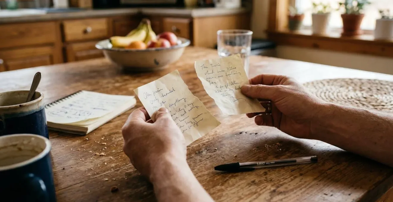 Mains tenant plusieurs feuilles de devis au-dessus d'une table de cuisine, stylo posé à côté, ambiance domestique avec lumière chaude