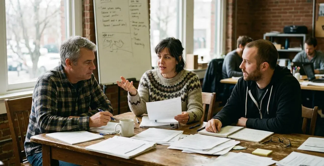 Trois personnes discutent autour d'une table recouverte de documents dans une salle de réunion d'immeuble éclairée par la lumière du jour