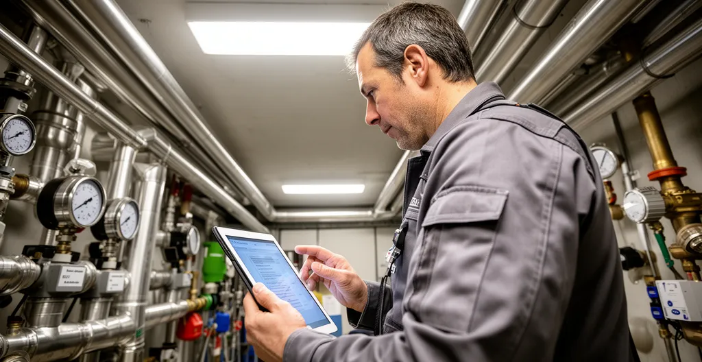 Technicien réalisant un diagnostic énergétique PPT dans une chaufferie collective