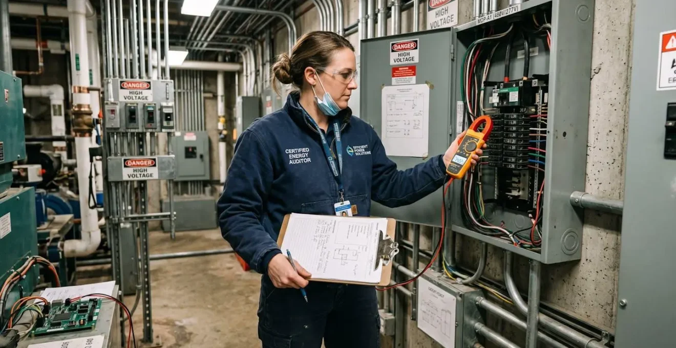 Un auditeur énergétique certifié réalisant des relevés techniques sur un tableau électrique dans un local technique de bâtiment