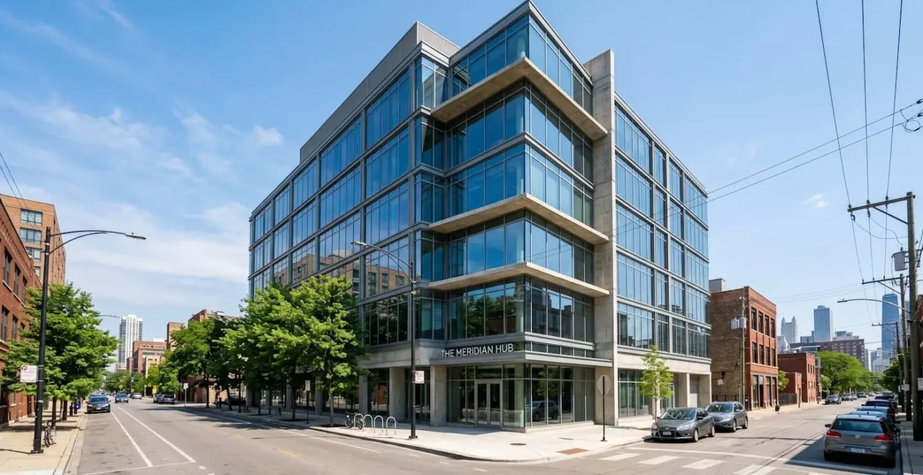 Façade vitrée d'un immeuble de bureaux tertiaire sous un ciel clair, évoquant l'analyse de performance énergétique du bâti