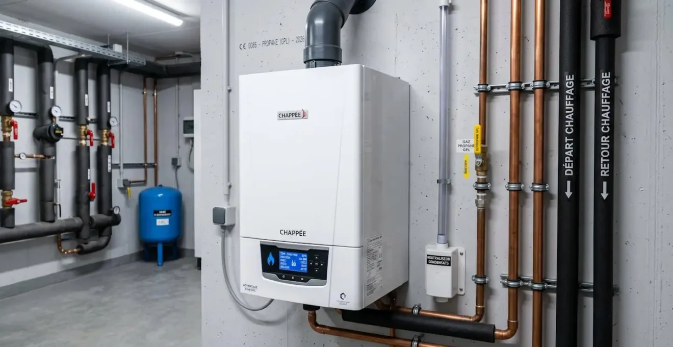 Chaudière murale à condensation GPL installée dans une chaufferie professionnelle, avec panneau de contrôle digital et tuyauterie de raccordement apparente