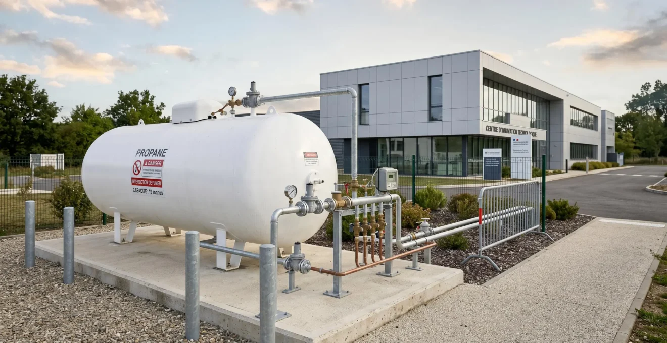Citerne de gaz propane GPL de grande capacité installée à l'extérieur d'un bâtiment tertiaire moderne, avec tuyauterie métallique et vannes de sécurité visibles