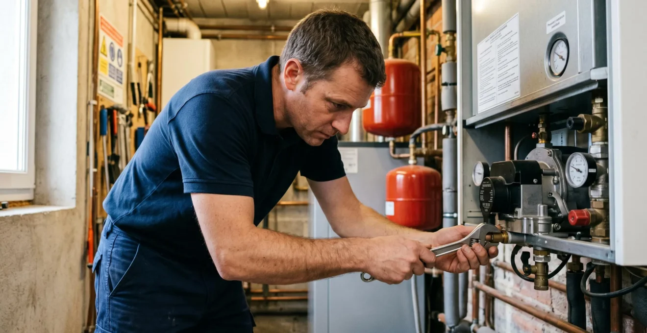 Technicien chauffagiste en tenue professionnelle effectuant une opération de maintenance sur une installation de gaz propane en chaufferie